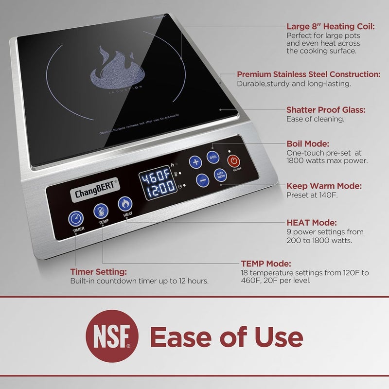 CHANGBERT Portable Induction Cooktop Enhanced Version, One-Click Max Power 1800W Large Heating Coil Burner, Precise Temperature Control, NSF Certified, Low Noise Hot Plate for Home & Commercial - Image 2
